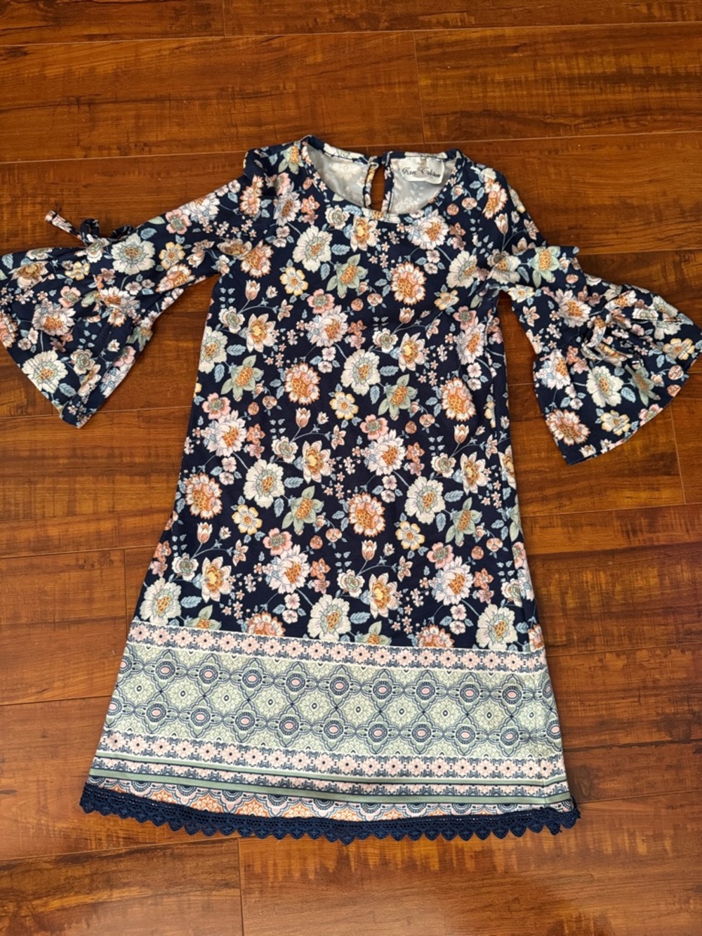 Rare Editions Navy Floral Bell Sleeve Dress - White, Pink, Orange, Green